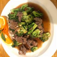 Beef and Broccoli  · Stir-fried beef  and broccoli with brown sauce, served with jasmine rice.
