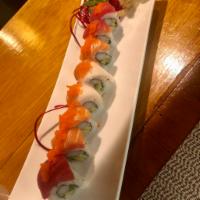 Rainbow Roll · Tuna, salmon, and while tune topped on California roll.