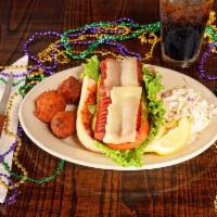 Andouille Mamou Po’boy · Spicy. Authentic, spicy andouille sausage topped with ewwy gooey monterey jack cheese and dr...