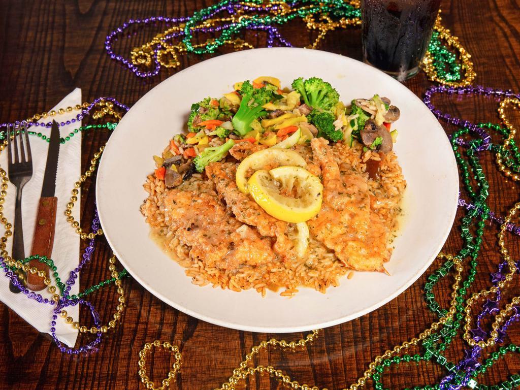 Lemon Peppered Chicken · Juicy chicken breasts, or shrimp skewers cooked just right 
in our egg-parmesan batter and served on a bed of rice with 
your choice of veggie.