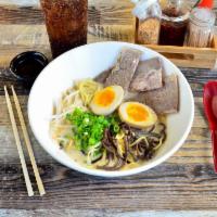 Tonkotsu-White · Creamy pork broth topped with chahsu, seasoned egg, wood ear mushrooms, bean sprouts and gre...