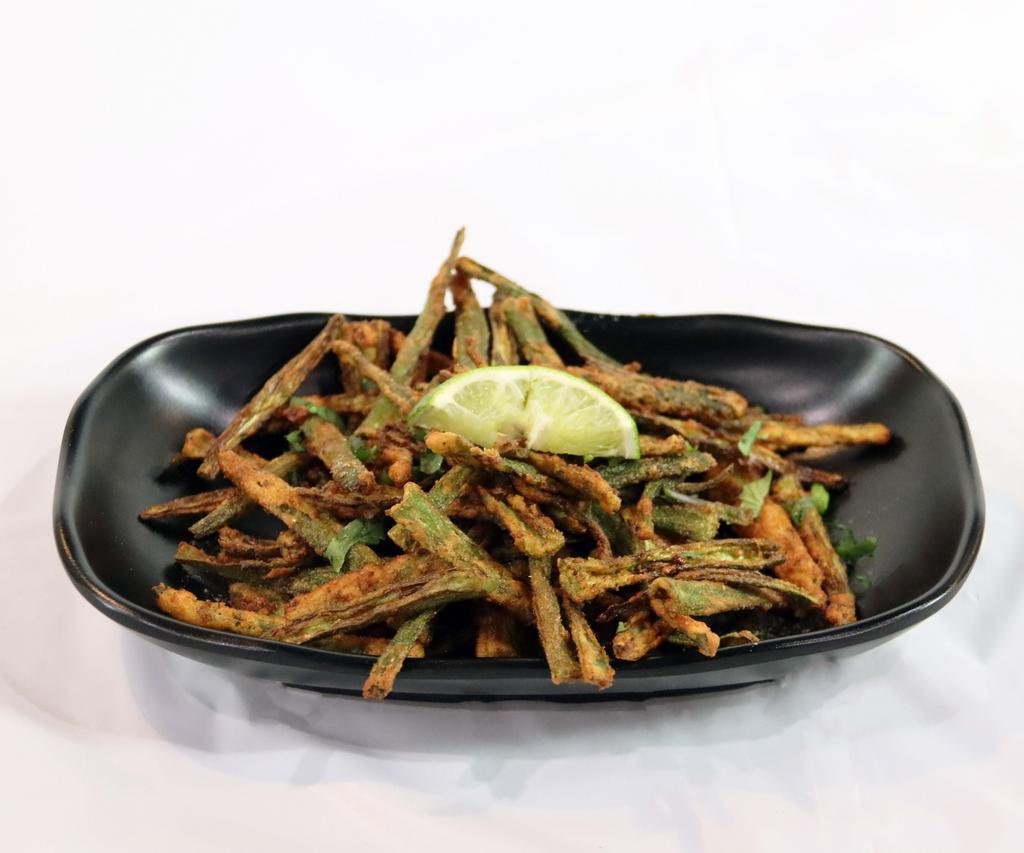 Kurkuri Bhindi · Crispy fried okra with chaat masala and lime.