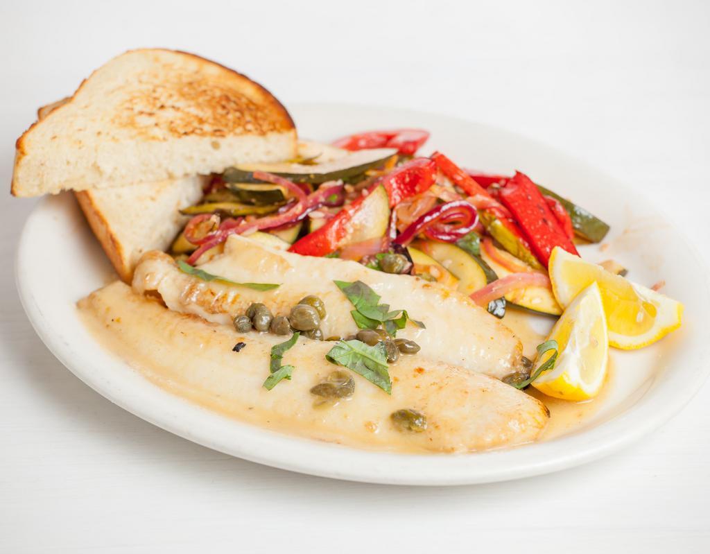 Pan Seared White Fish · Lemon caper butter sauce, grilled seasonal veggies.