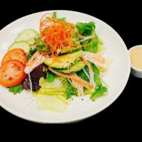 Avocado salad  · Crab stick, shrimp, avocado, tomato, cucumber, carrot, mixed green, iceberg 
With ginger dre...