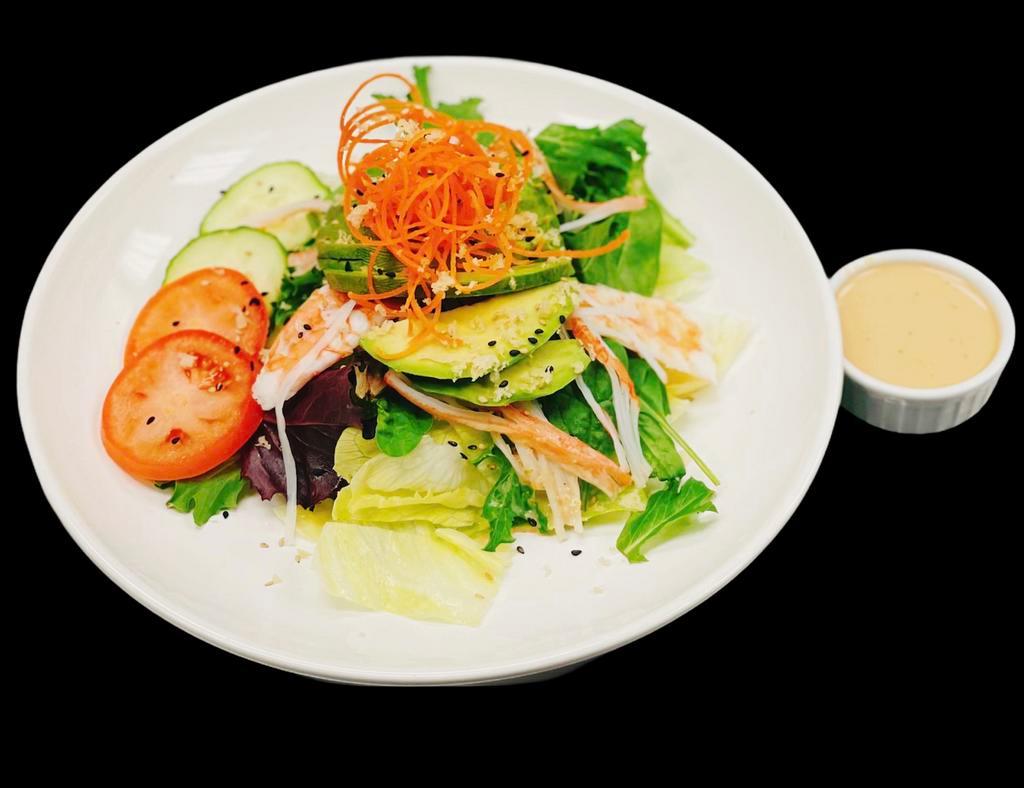 Avocado salad  · Crab stick, shrimp, avocado, tomato, cucumber, carrot, mixed green, iceberg 
With ginger dressing 
