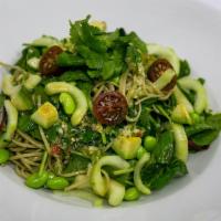 Mixed Green Soba Salad · Fresh, organic spring mix, green tea soba, seaweed salad, avocado, edamame, zucchini, tomato...