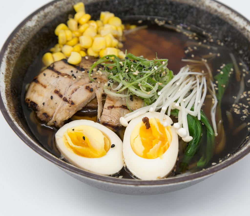 Shoyu Ramen Noodles · Flavorful, soy sauce-based broth with ramen (wheat noodles), your choice of protein, soft-boiled egg, wakame (seaweed), bean sprouts, corn, bok choy, and mushroom.