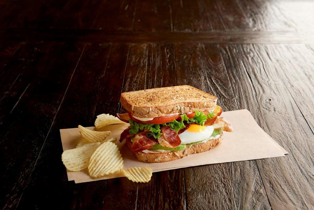 Bigger Better BLT Sandwich · Bacon, leafy lettuce, Roma tomatoes, fresh-cracked egg, mayo, avocado slices, toasted multigrain wheat. (600 cal.)