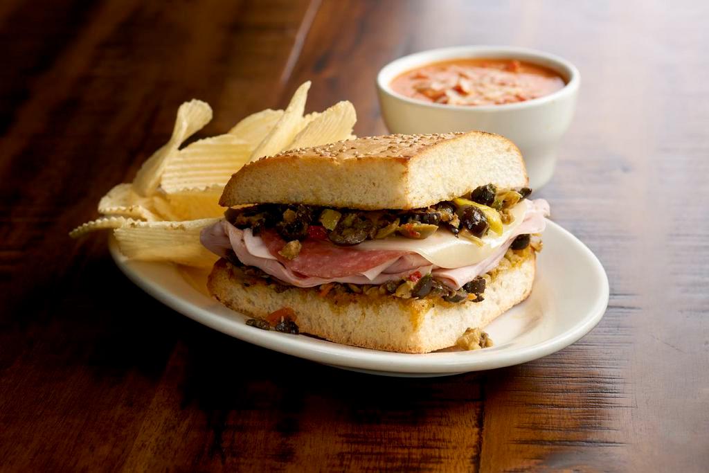 Quarter Muffaletta Special · Served with chips or baked chips and a cup of soup or fruit.
