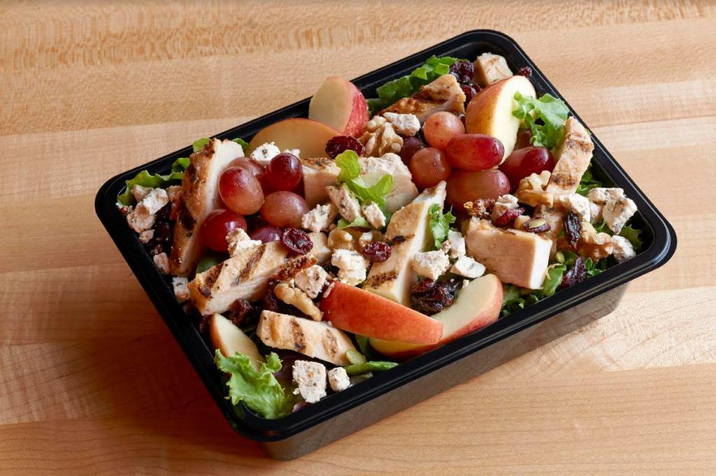 Nutty Mixed-Up Salad · Grilled, 100% antibiotic free chicken breast, organic field greens, grapes, feta, cranberry-walnut mix, organic apples and balsamic vinaigrette. Gluten sensitive.