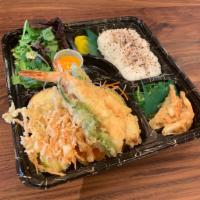 Tempura Bento · tempura assortment | white rice | side dish of the day | seaweed salad | house salad | miso ...