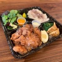 Kara-age Bento · Japanese style fried chicken | white rice | side dish of the day | seaweed salad | house sal...