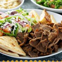 Mediterranean Plate · Lamb/Beef or Chicken, lettuce, tzatziki sauce, cucumber, tomato, hummus, olive.