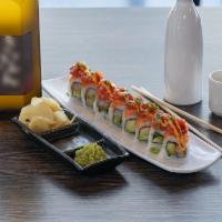 Welcome to the Jungle Roll · Shrimp tempura, avocado, topped with fresh salmon, spicy tuna, spicy mayo, eel sauce and gre...