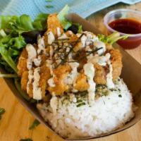 Crispy Chicken Bowl · Sake Brined Breaded Chicken, Choice of White or Brown Rice, Spring Mixed, Nori, Served with ...