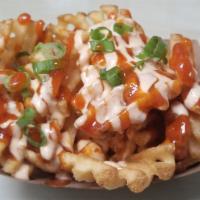 Cal Fries · Criss-cut Waffle Fries, Topped with Hot sauce & Japanese Mayo, Green Onions.