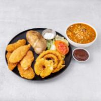 Chicken Tenders Basket · Served with french fries and onion rings.