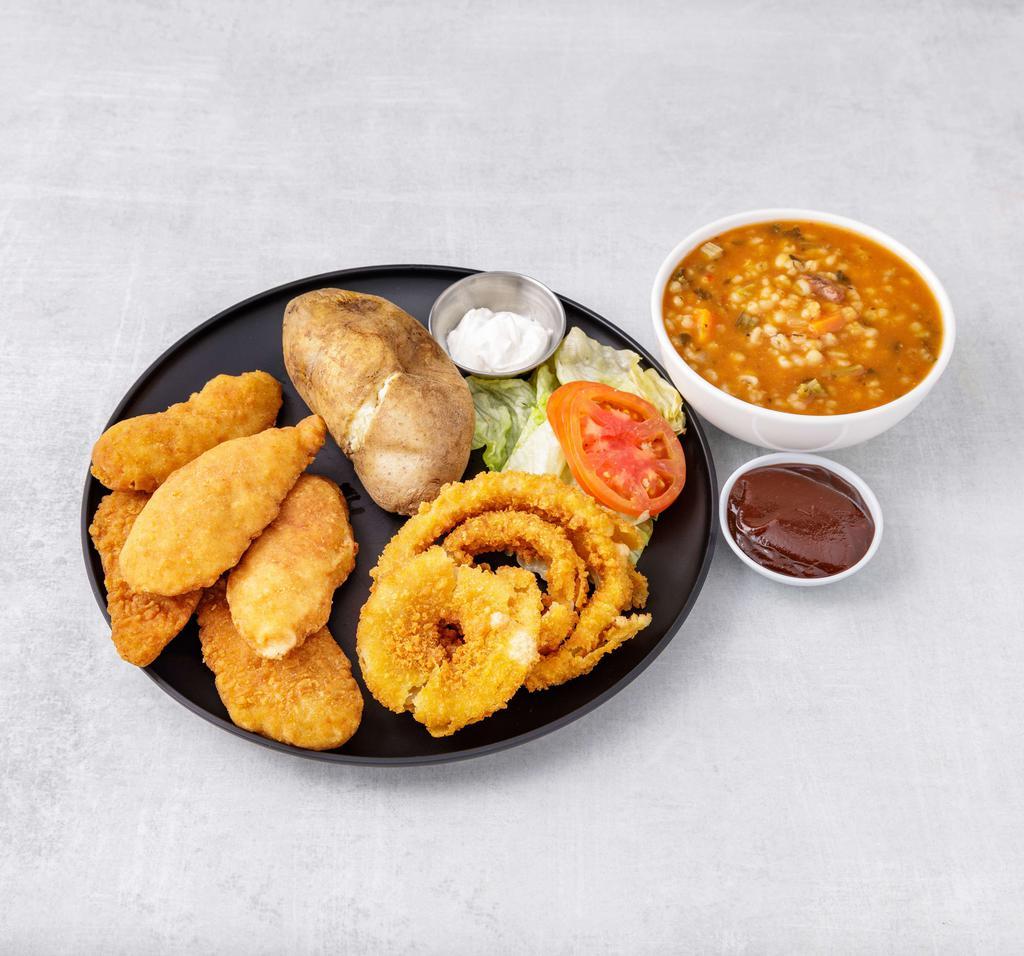 Chicken Tenders Basket · Served with french fries and onion rings.