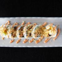 Crab Tempura Roll · Whole roll. Deep-fried crab salad, cucumber, and cream cheese. Topped with spicy mayo, teriy...