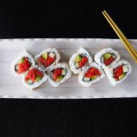 Spicy Tuna · Whole roll. 8 pieces. Marinated spicy tuna, cucumber, and avocado.