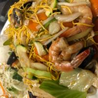 Seafood Chowmein · Served with salad.