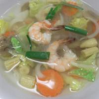 Silver Noodle Soup · Glass noodle with chicken, shrimp, Chinese Napa, carrots, baby corn, celery.  Dish can be su...