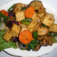Spicy Eggplant with Meat · Stir fried meat with eggplant, bell pepper, onion, carrot, basil with spicy chili garlic sau...