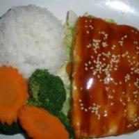 Salmon Teriyaki (8 oz.) · Grilled Teriyaki salmon served with rice and steamed vegetables.