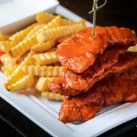 Chicken Fingers · Hot, med or medium, celery, carrot, bleu cheese or ranch, fries. Comes with a choice of dres...
