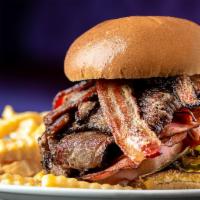 Texas Cowboy Club Sandwich · Smoked brisket, ham, bacon, lettuce, tomato, cherry pepper spread, fries.