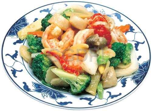 27. Seafood Combination · Large shrimp, scallop, squid and crab meat with mixed vegetables. Served with white rice.