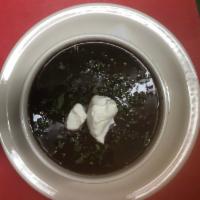 Sopa Frijoles Negros W/ Sour Cream · Black Bean Soup with Sour Cream