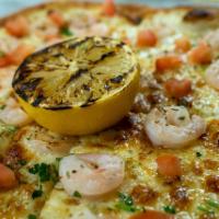 Shrimp Scampi Pizza · Garlic, shrimp, tomatoes, herbs, and grilled lemon.