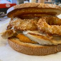 Chipotle Grilled Chicken Melt Sandwich · Grilled chicken breast, fried onion rings, pepper jack, chipotle mayo on sourdough.