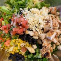 Fried Chicken Salad · Romaine lettuce, fried chicken breast, corn, black bean, pepper jack cheese, pico de gallo, ...