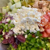 Greek Chicken Salad · Grilled chicken, Romaine lettuce, Kalamata olives, feta cheese, onions, tomatoes, cucumbers,...