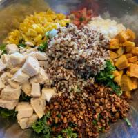 Quinoa and Kale Salad · Shredded kale, organic quinoa, mixed greens, grilled-chicken breast, sweet potatoes, corn, s...