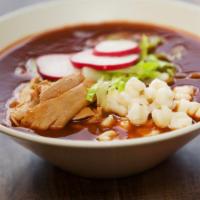 Pozole Soup · Chicken pozole topped with lettuce and served with tortillas or tostadas.