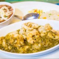 Mariscos with Chile Verde Specialty · Scallops, fish, and shrimp cooked in chile verde sauce.
