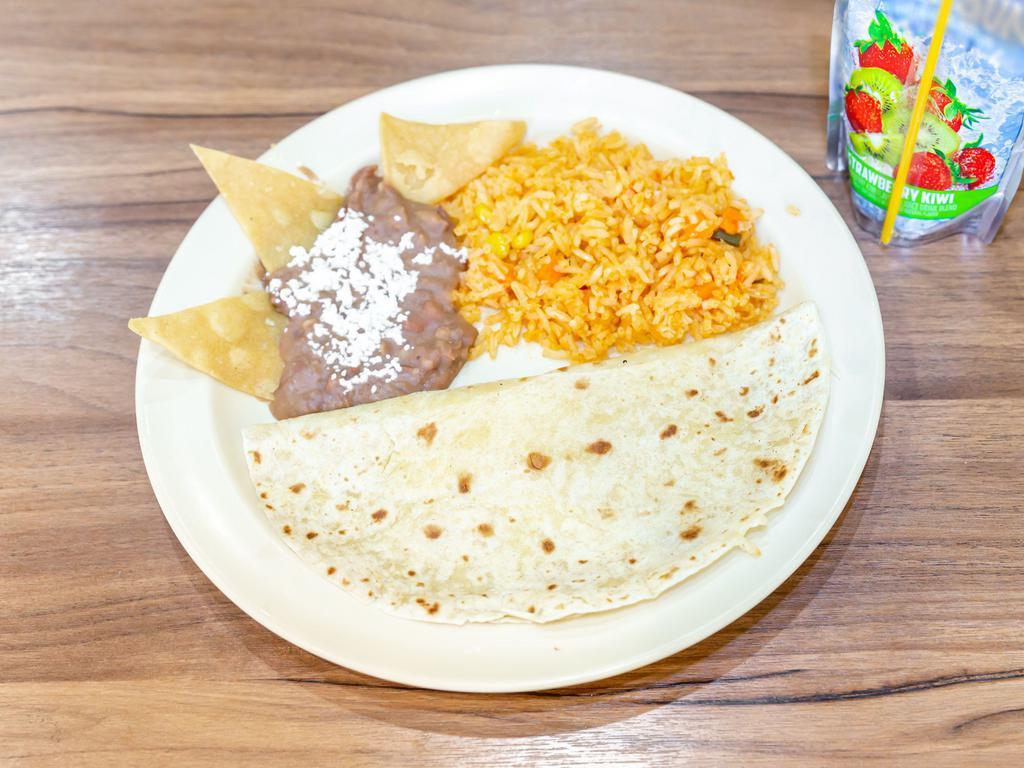 Kids Quesadilla · Kids cheese quesadilla comes with a side option of rice and beans or french fries .