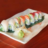 8 Pieces Rainbow Roll · Inside: Crab, avocado, cucumber. Top: Salmon, yellowtail, tuna and white tuna.