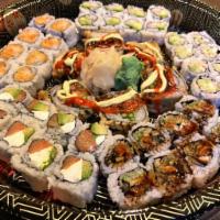 Samurai Party Tray · 46 pieces. Dynamite roll, California roll, spicy crab roll, spicy shrimp roll, Philadelphia ...