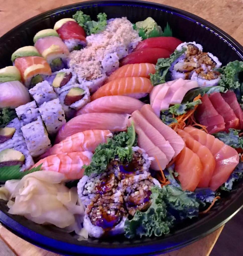 GTO Party Tray · 52 pieces. 3 tuna sashimi, 3 salmon sashimi, 3 white tuna sashimi, 3 yellowtail Sashimi, 2 tuna sushi, 2 salmon sushi, 2 ebi sushi, 2 red snapper sushi roll, 1 rainbow roll, 1 tuna avocado roll, 1 crunchy salmon roll and 1 eel roll.