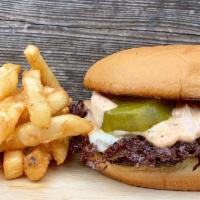 Beyond Burger with Fries  · 2 smashed beyond meat patties, American cheese, raw onion, pickles and house burger sauce. S...