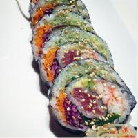 15. Futomaki Roll · Tuna, carrot, lettuce, red cabbage, crab, seaweed salad, cucumber, sesame oil and seed.