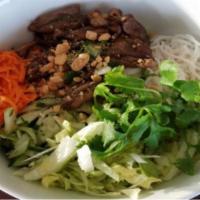 V1. Vermicelli with Grilled Beef Bowl · Grilled beef, cilantro, carrots, cucumbers, lettuce, basil, crushed peanut, fried onion