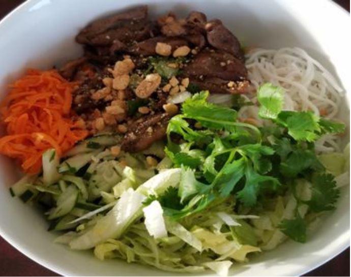 V1. Vermicelli with Grilled Beef Bowl · Grilled beef, cilantro, carrots, cucumbers, lettuce, basil, crushed peanut, fried onion