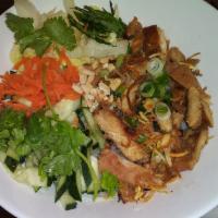 V3. Vermicelli with Grilled Chicken Bowl · Grilled chicken, cilantro, carrots, cucumbers, lettuce, crushed peanut, fried onion