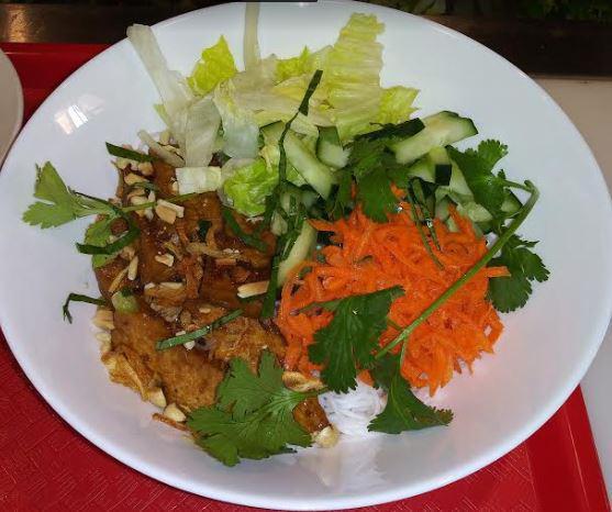 V4. Vermicelli with Tofu Bowl · Seasoned tofu, cilantro, carrots, cucumbers, lettuce, crushed peanut, fried onion
