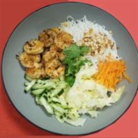 V5. Vermicelli With Grilled Shrimp · Grilled shrimps, cilantro, carrots, cucumbers, lettuce, crushed peanut, fried onion